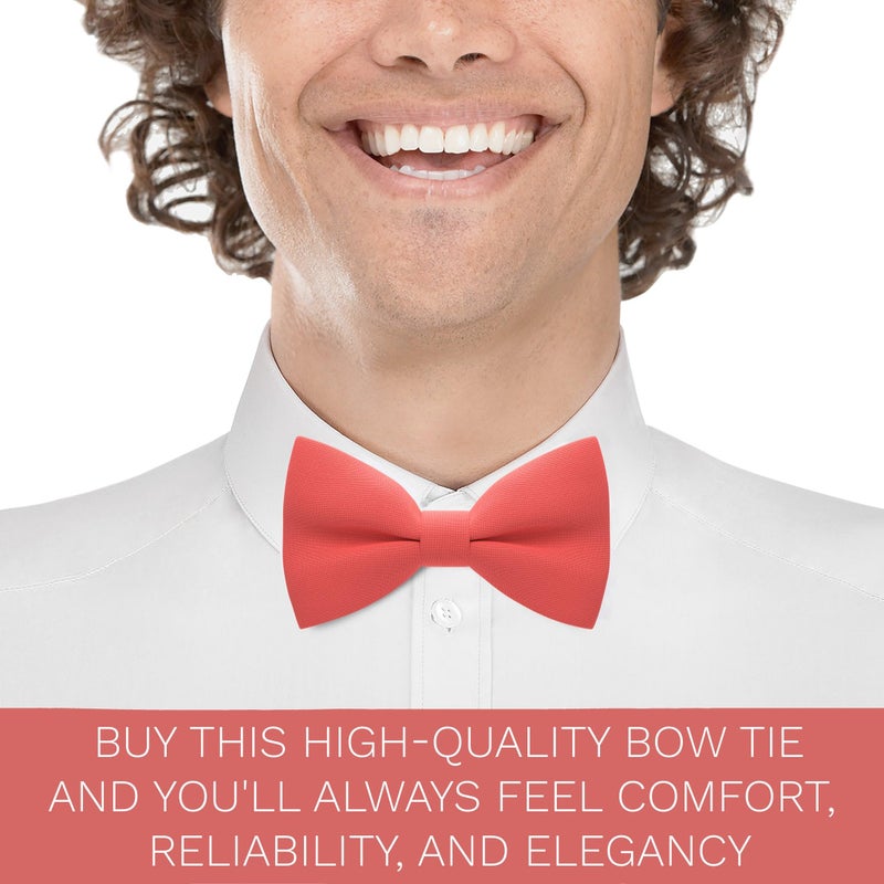 Bow Tie House Coral Red Mens Bow Tie for Men Bow Ties Gabardine Material for Adults Big Bowtie Formal Pre-Tied Fabric Clip on Shape in Solid Handmade Colors for Prom & Wedding (Large, Coral) - Image 5